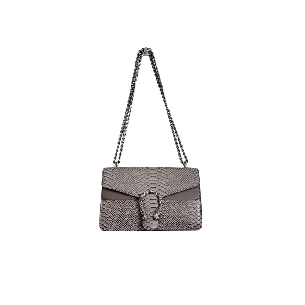 Gray Shoulder Bag with Chain Strap and Flap Closure